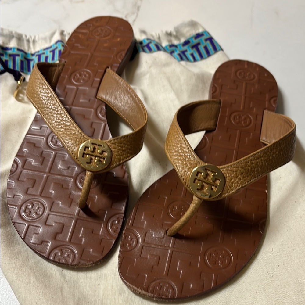 Tory Burch Gold Brown Sandals with Iconic Logo